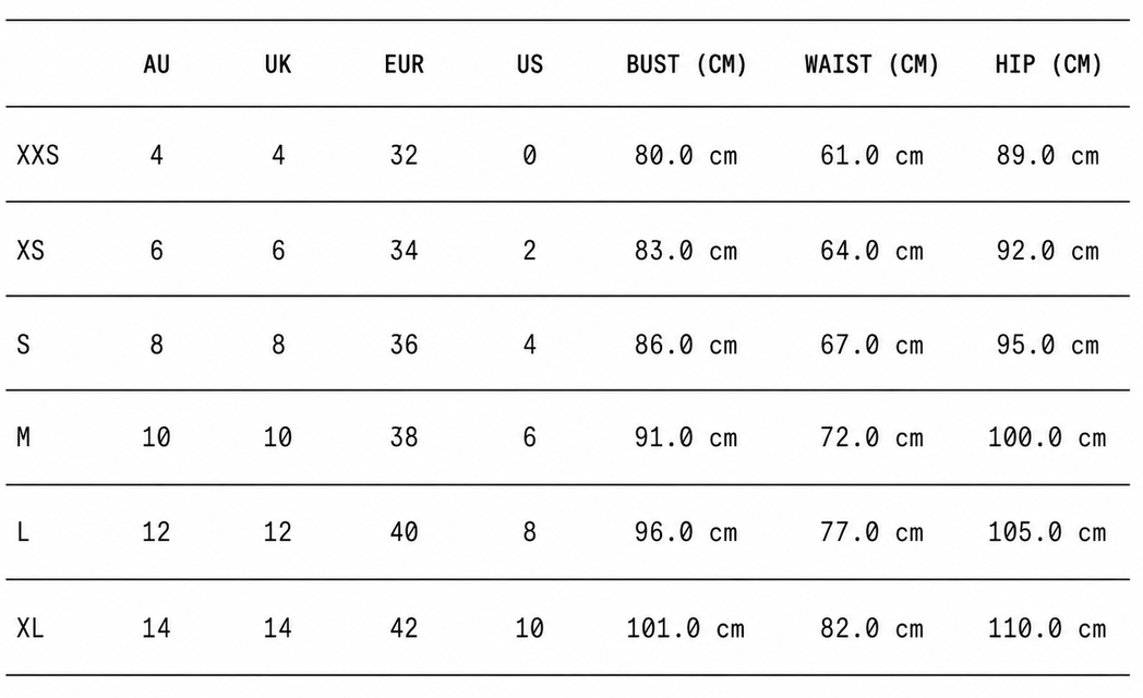 Clothing Size Chart